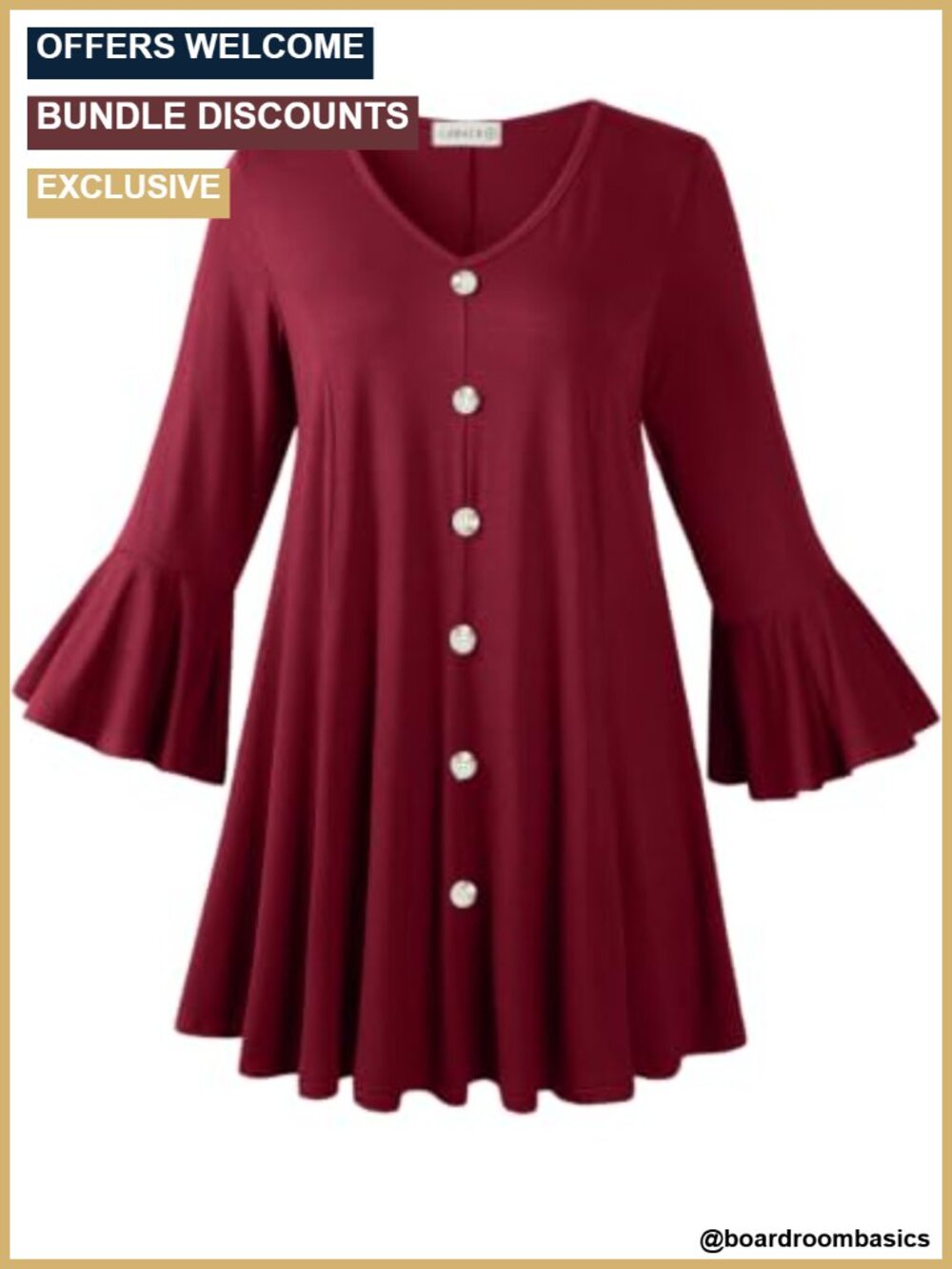 Plus Size Tunic Top 3/4 Flared Sleeve A-Line Hem